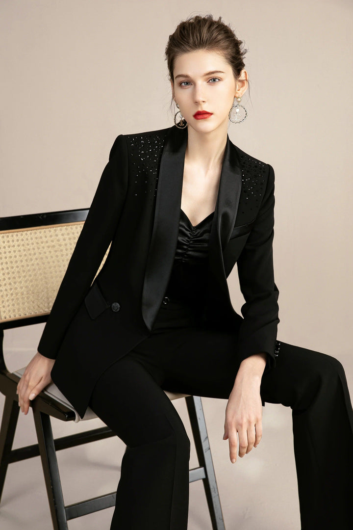 solovedress 2 Piece Black Elegant Tuxedo Shawl Lapel Slim Fit Women Suit