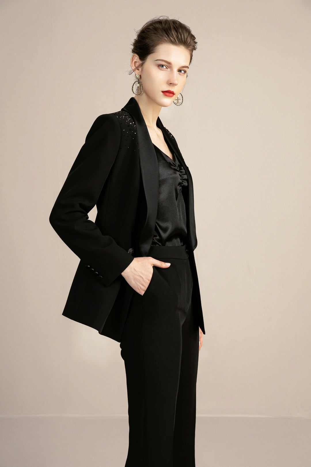 solovedress 2 Piece Black Elegant Tuxedo Shawl Lapel Slim Fit Women Suit