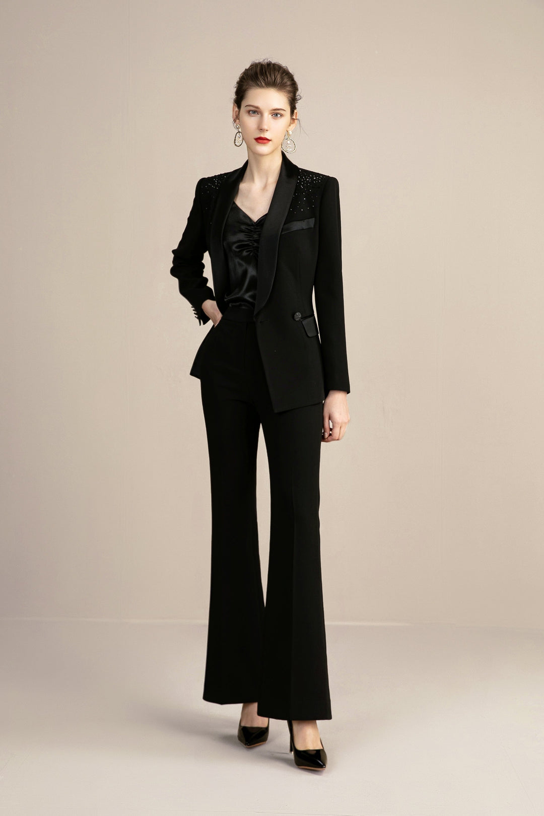 solovedress 2 Piece Black Elegant Tuxedo Shawl Lapel Slim Fit Women Suit