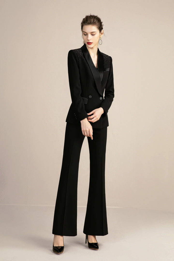 solovedress 2 Piece Black Elegant Tuxedo Shawl Lapel Slim Fit Women Suit