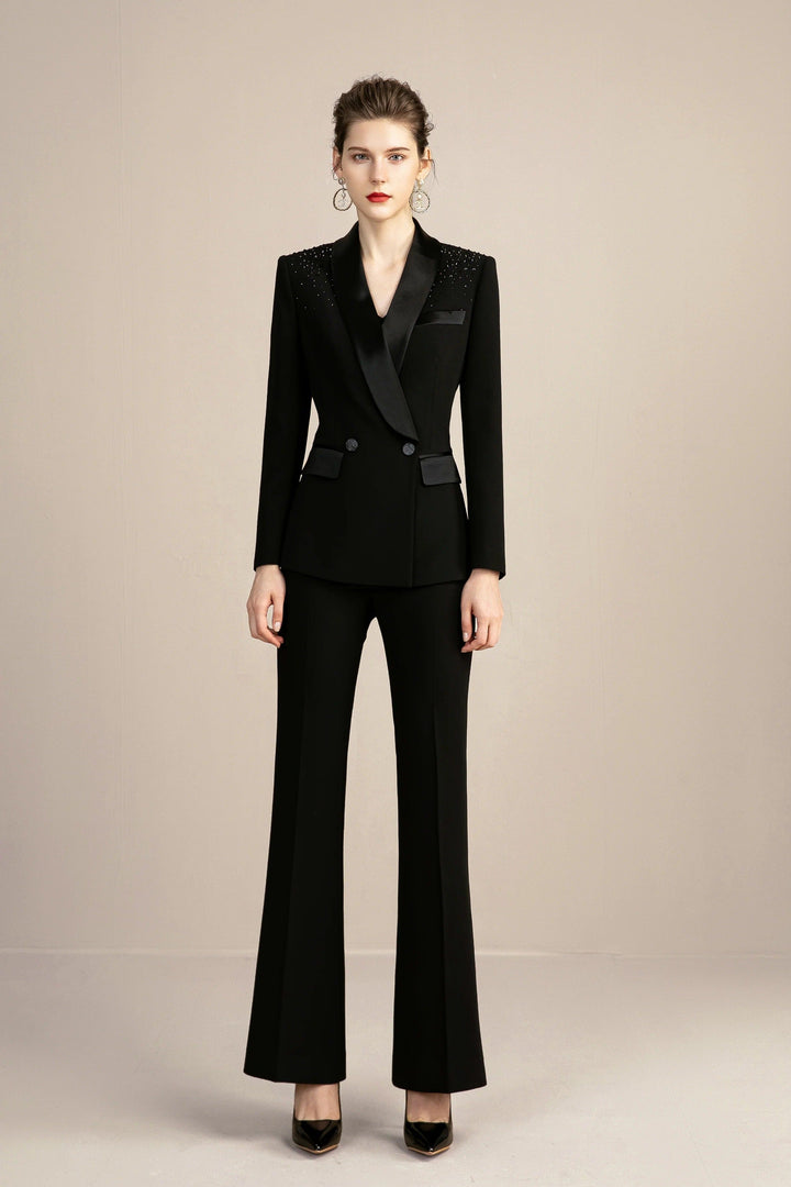 solovedress 2 Piece Black Elegant Tuxedo Shawl Lapel Slim Fit Women Suit