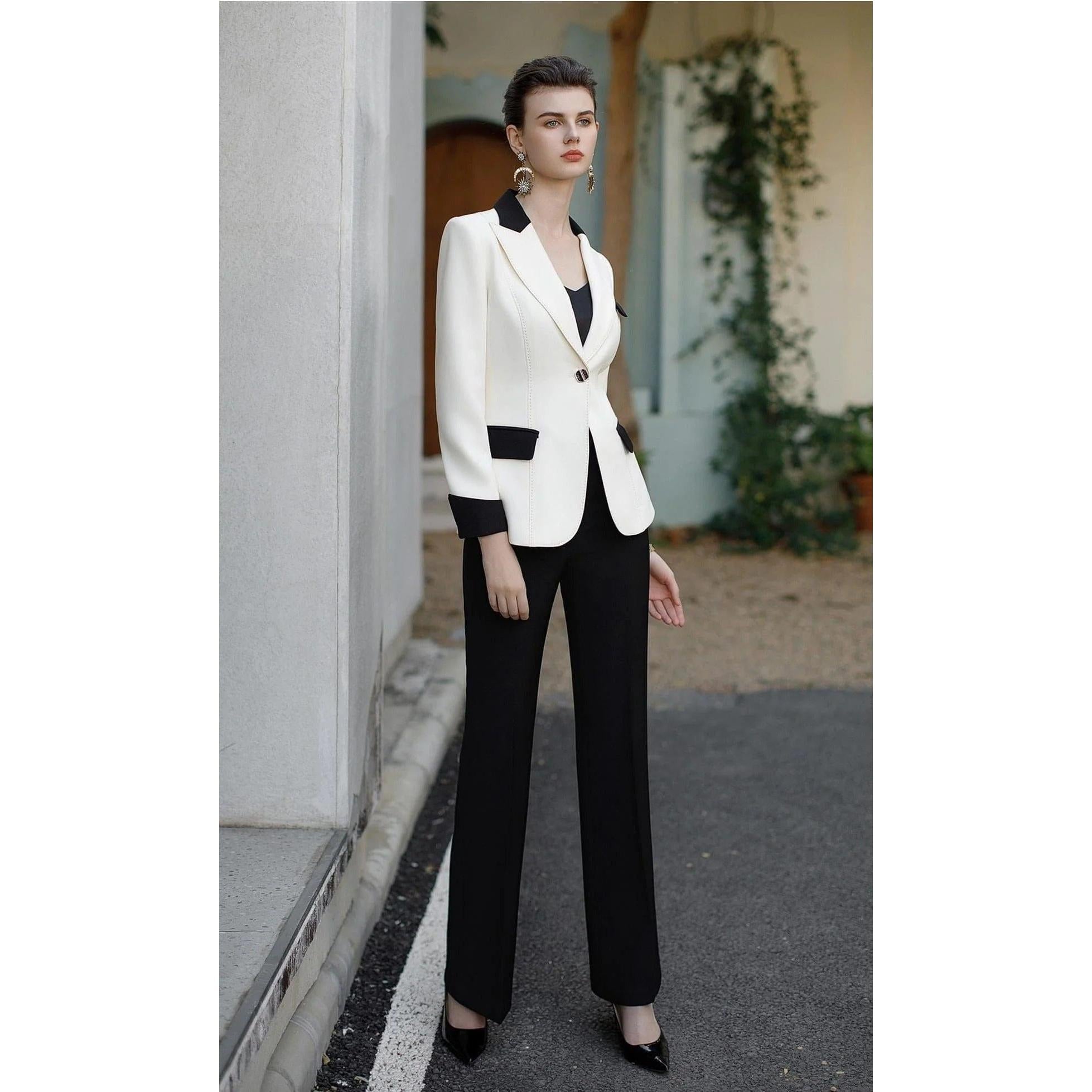 SoloveDress Women's 2 Piece White Solid Suit Peak Lapel Single Button –  solovedress