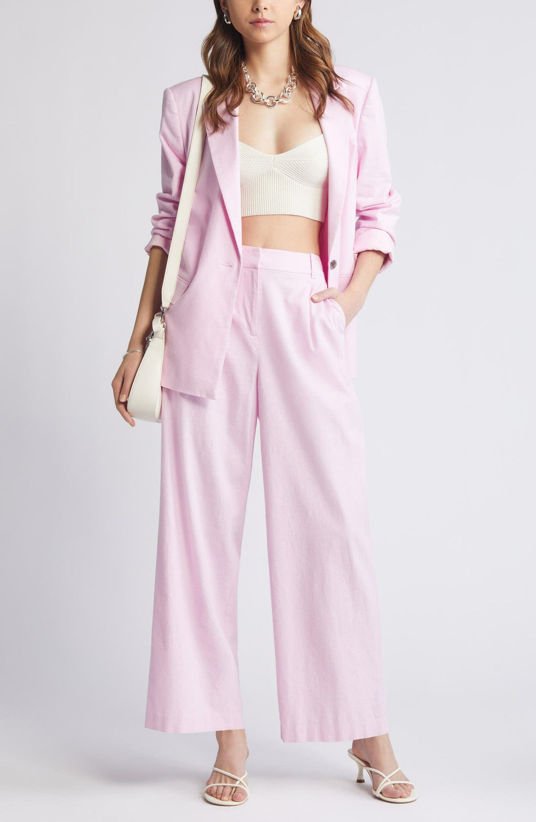 solovedress 2 Piece Pink Linen Peak Lapel Women's Suit (Blazer+Pants)