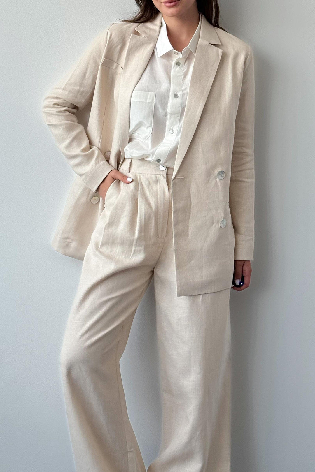 solovedress Beige 2 Piece Spring Summer Notch Lapel Linen Women Suit