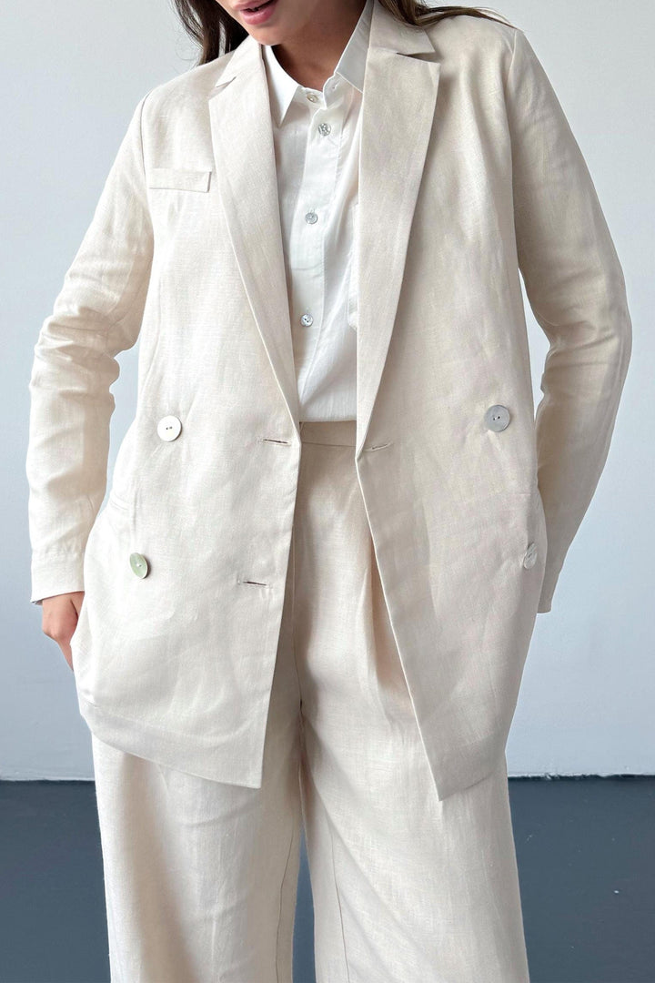 solovedress Beige 2 Piece Spring Summer Notch Lapel Linen Women Suit