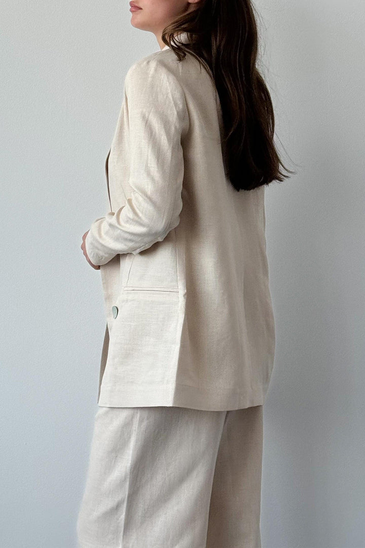 solovedress Beige 2 Piece Spring Summer Notch Lapel Linen Women Suit