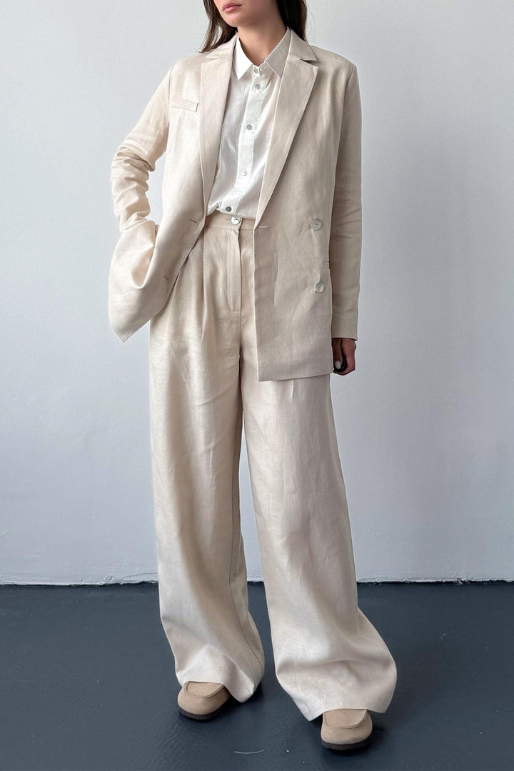 solovedress Beige 2 Piece Spring Summer Notch Lapel Linen Women Suit