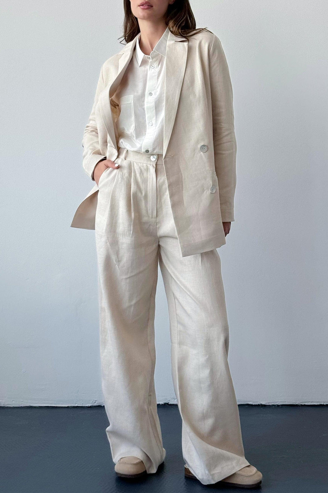 solovedress Beige 2 Piece Spring Summer Notch Lapel Linen Women Suit