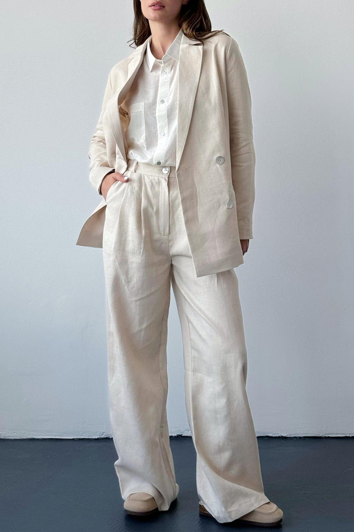 solovedress Beige 2 Piece Spring Summer Notch Lapel Linen Women Suit