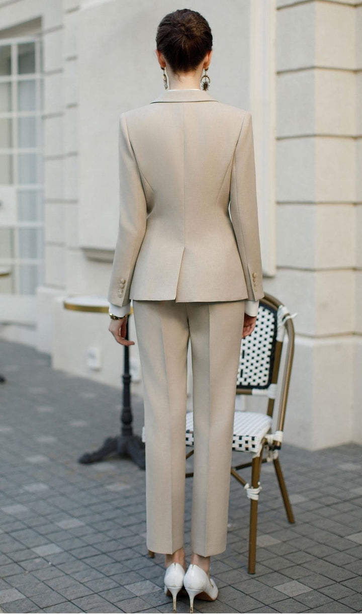 solovedress Beige Single Buttons Women's Suit 2 Piece Set (Blazer + Pants)