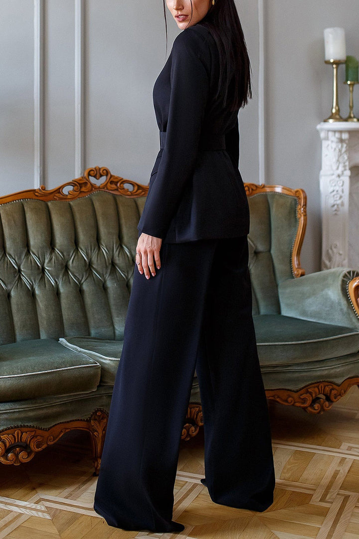 solovedress Black 2 Piece Belted Business Casual Slim Fit Women's Suit (Blazer+Pants)