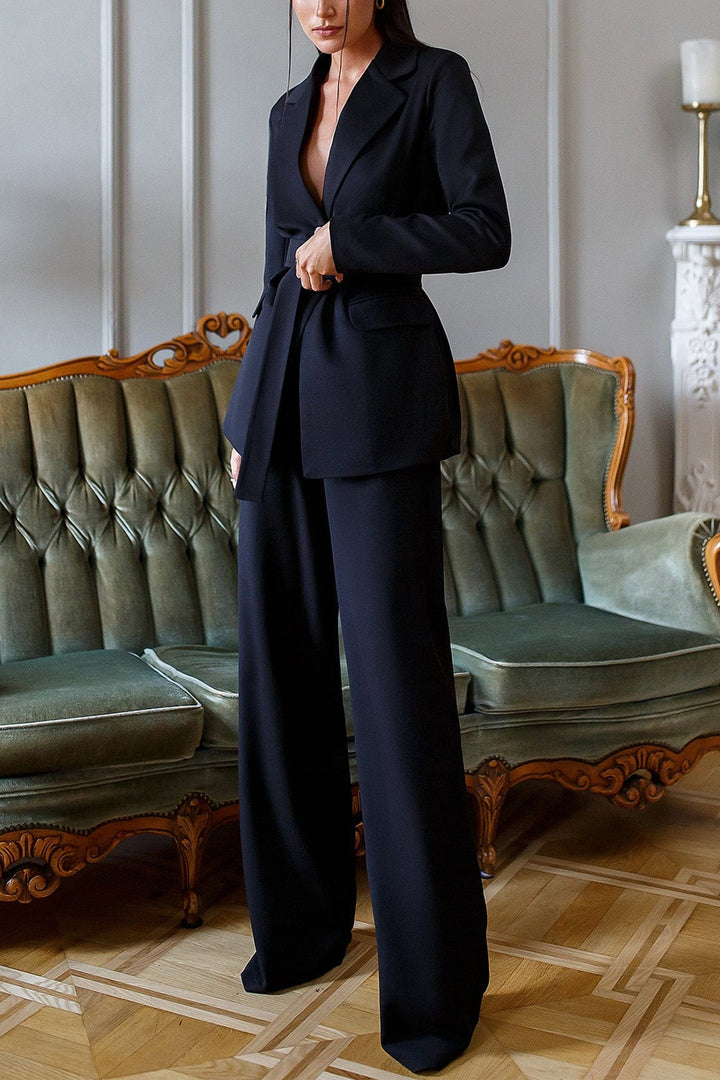 solovedress Black 2 Piece Belted Business Casual Slim Fit Women's Suit (Blazer+Pants)