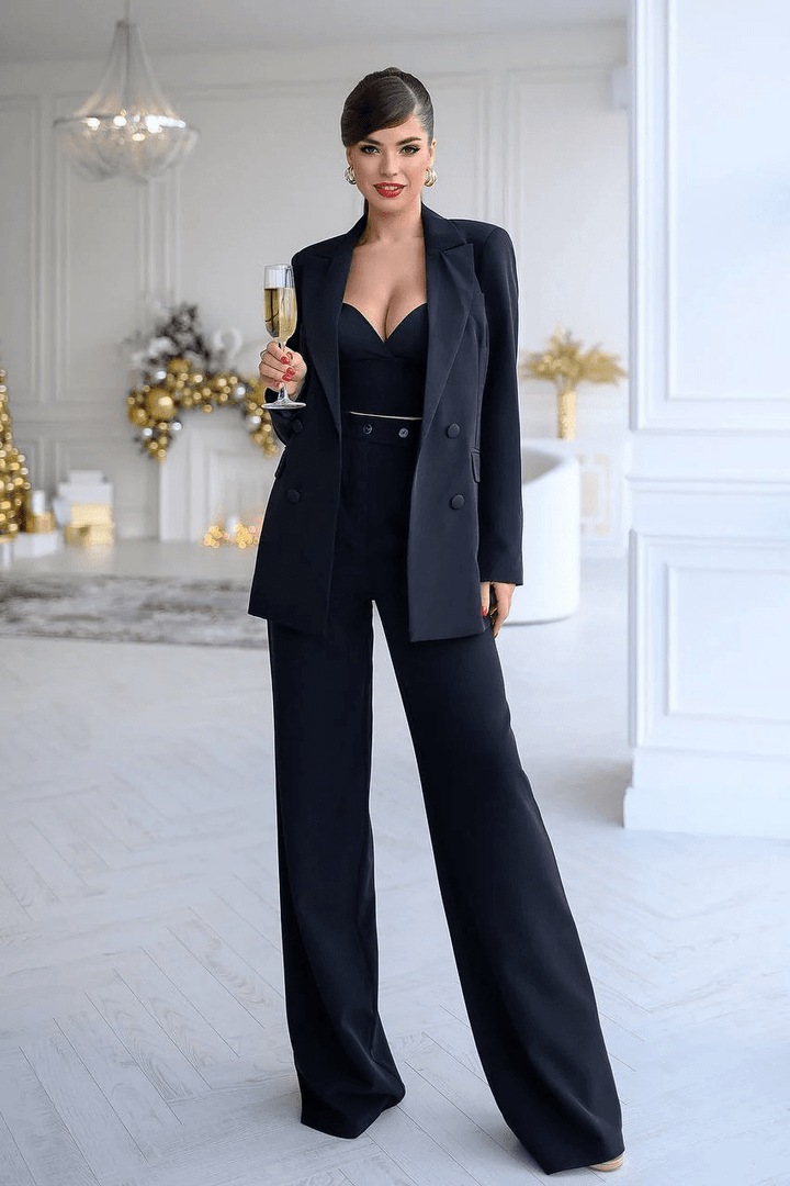 solovedress Black 2 Piece Double Breasted Slim Business Women Suit (Blazer+Pants)