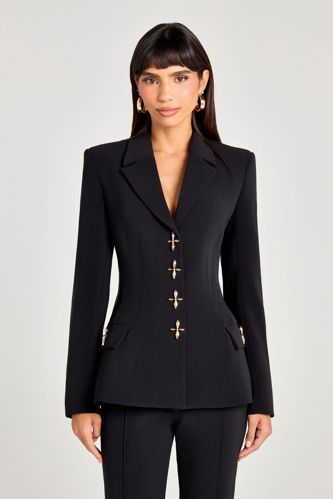 solovedress Black 2 Piece Gold Single Breasted  Casual Women's Suit (Blazer+Pants)