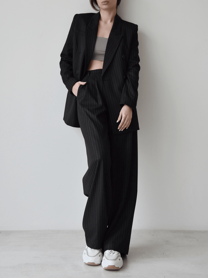 solovedress Black 2 Piece Peak Lapel Double Breasted Wide Leg Pants Casual Striped Women's Suit
