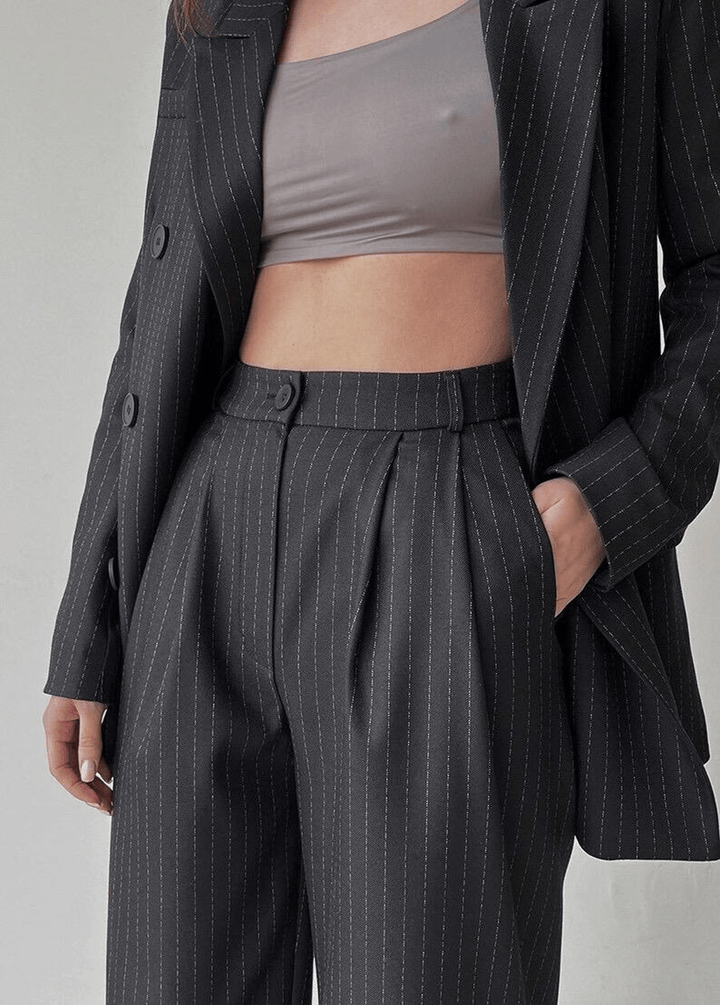 solovedress Black 2 Piece Peak Lapel Double Breasted Wide Leg Pants Casual Striped Women's Suit