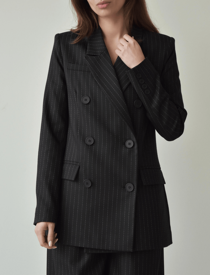 solovedress Black 2 Piece Peak Lapel Double Breasted Wide Leg Pants Casual Striped Women's Suit