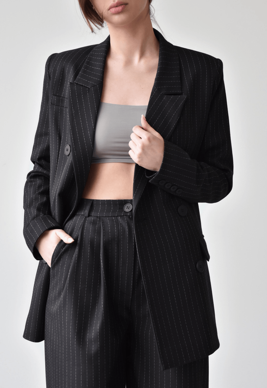 solovedress Black 2 Piece Peak Lapel Double Breasted Wide Leg Pants Casual Striped Women's Suit