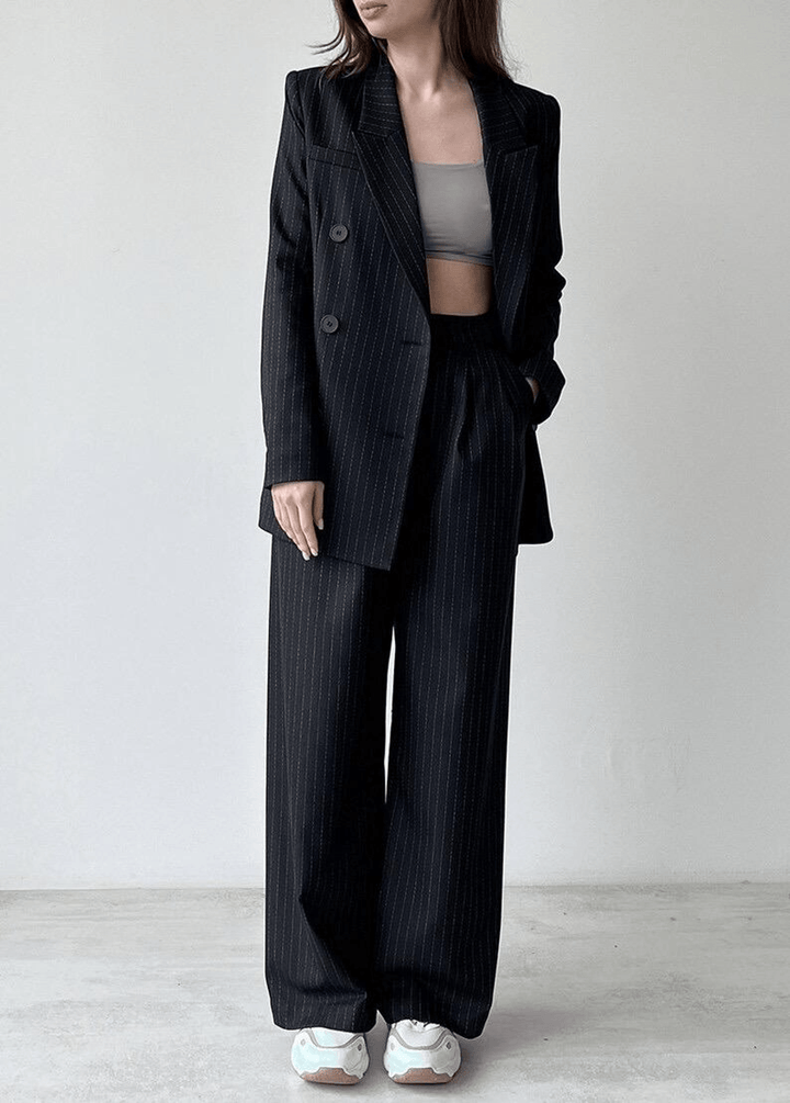 solovedress Black 2 Piece Peak Lapel Double Breasted Wide Leg Pants Casual Striped Women's Suit