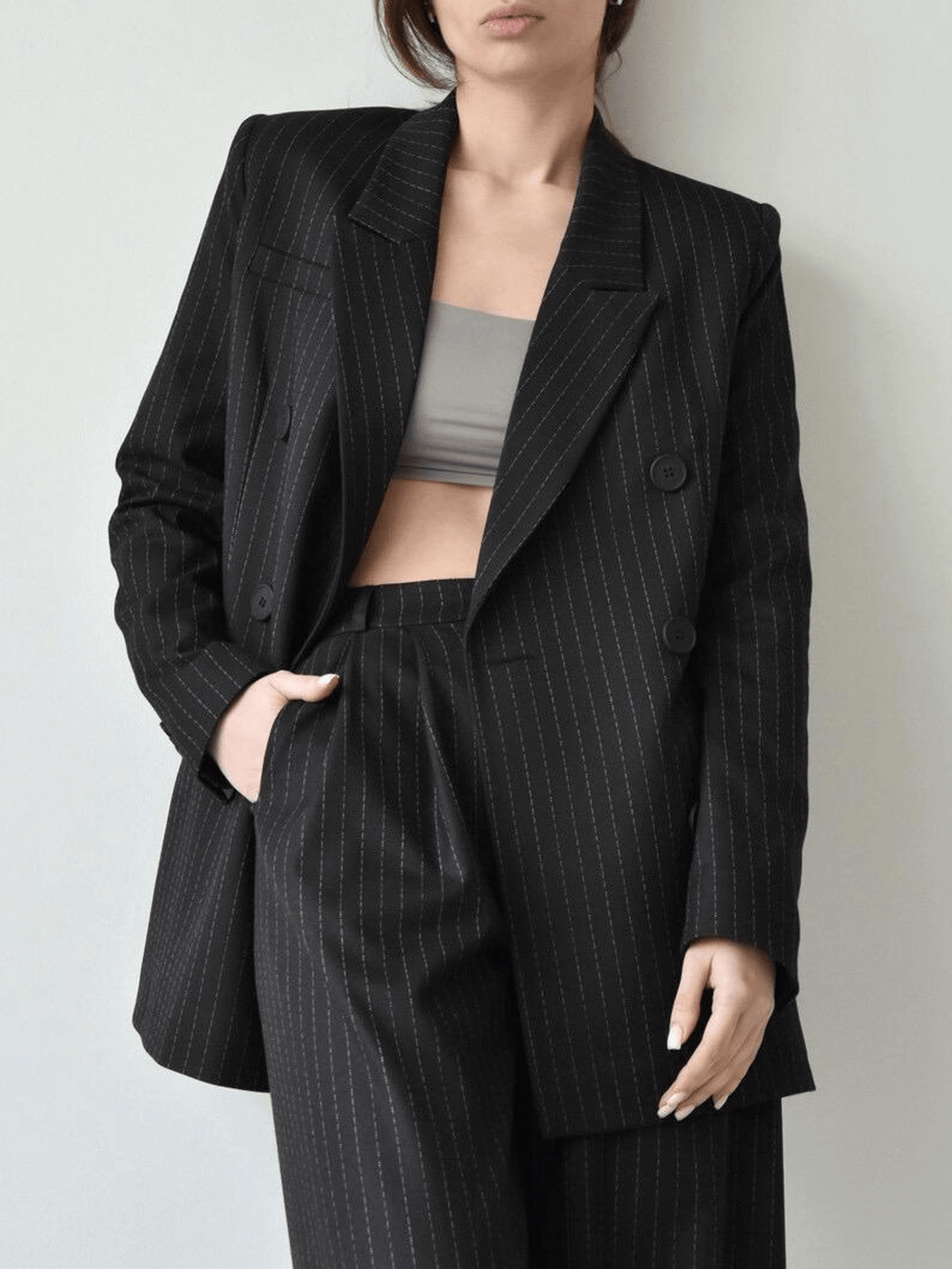 solovedress Black 2 Piece Peak Lapel Double Breasted Wide Leg Pants Casual Striped Women's Suit