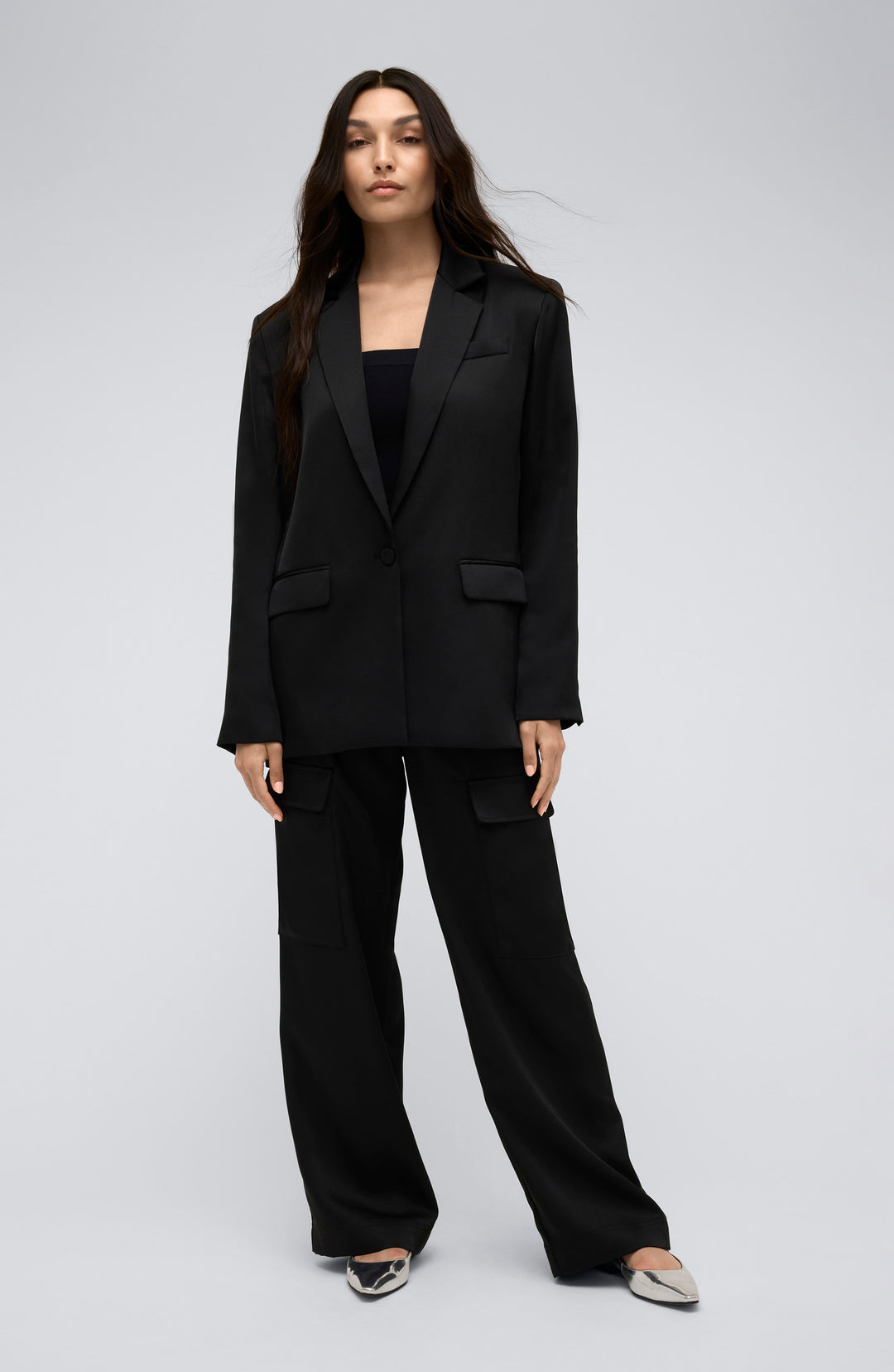 solovedress Black 2 Piece Single Button Casual SatinWomen Suit (Blazer+Pants)