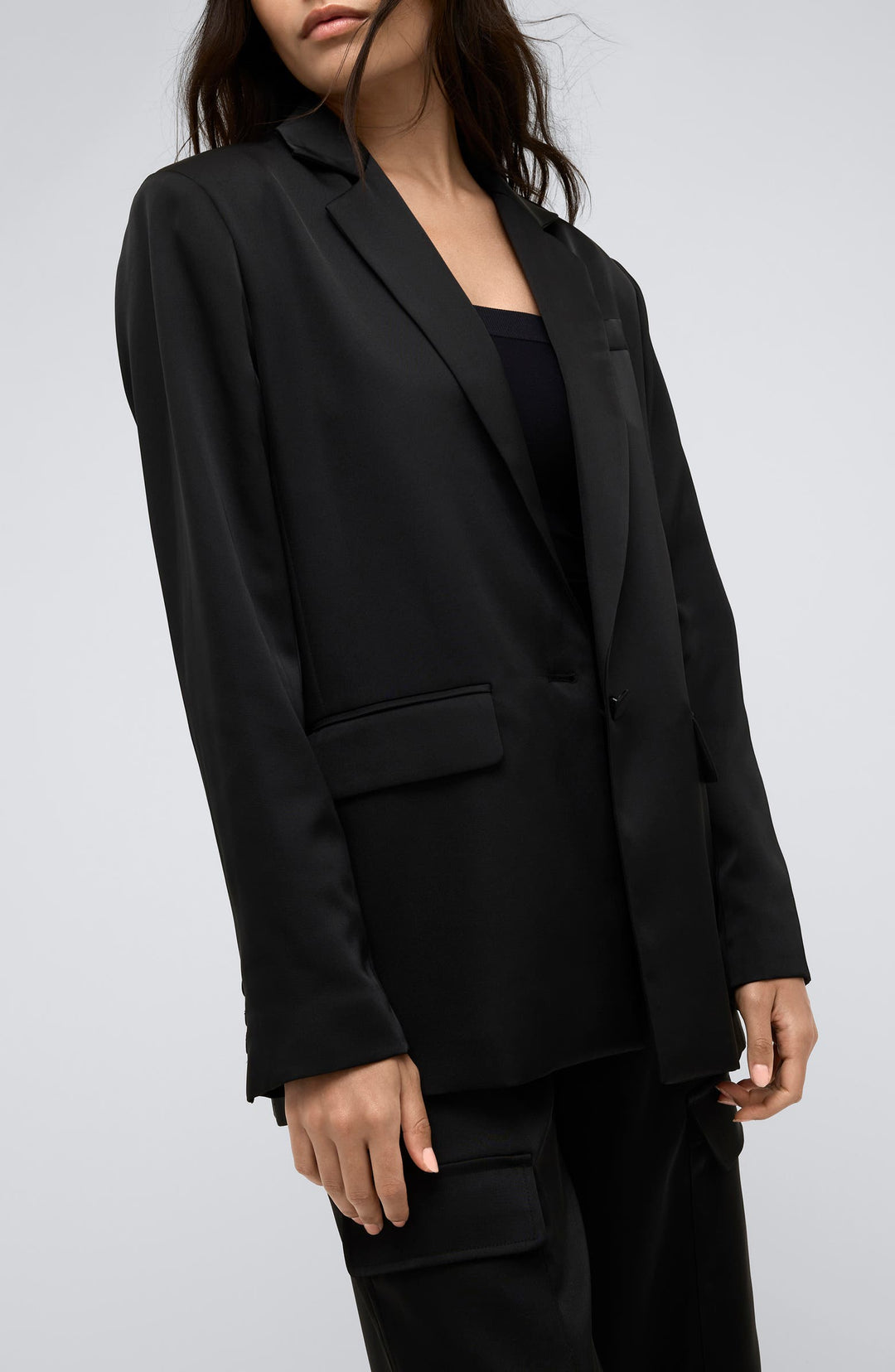 solovedress Black 2 Piece Single Button Casual SatinWomen Suit (Blazer+Pants)