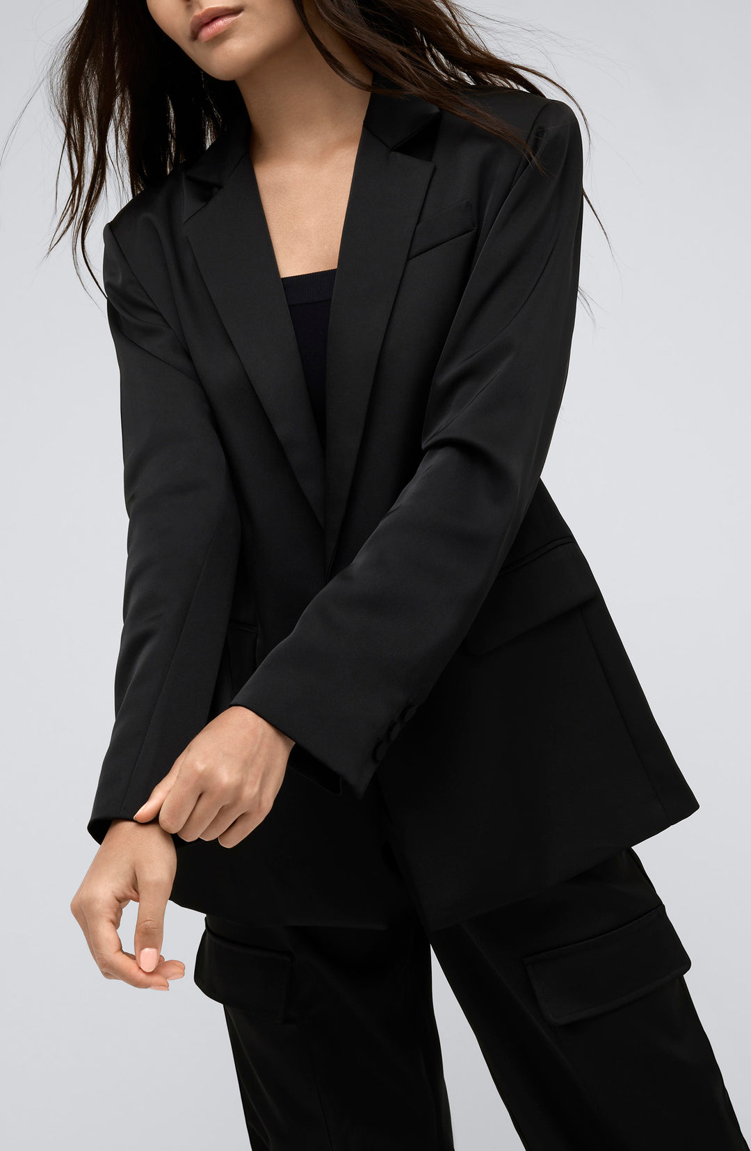 solovedress Black 2 Piece Single Button Casual SatinWomen Suit (Blazer+Pants)