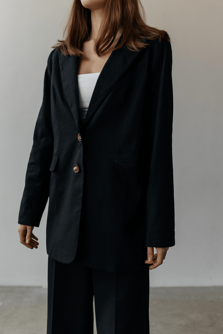 solovedress Black 2 Piece Summer Double Button Business Casual Slim Fit Linen Women Suit