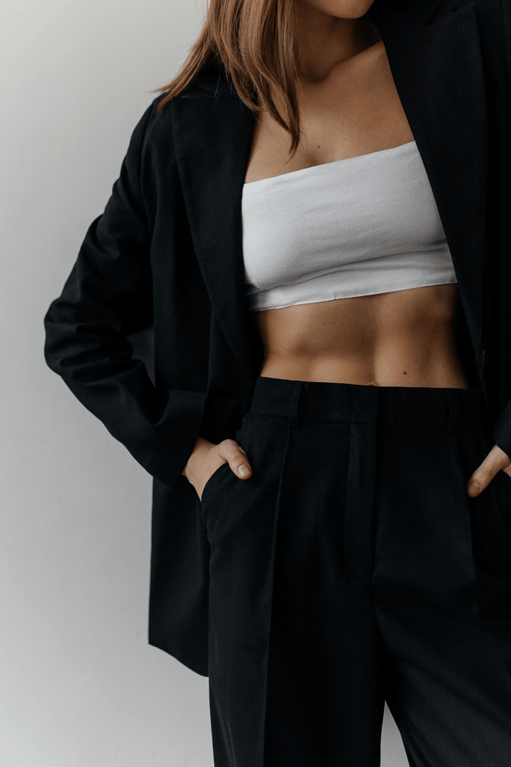 solovedress Black 2 Piece Summer Double Button Business Casual Slim Fit Linen Women Suit