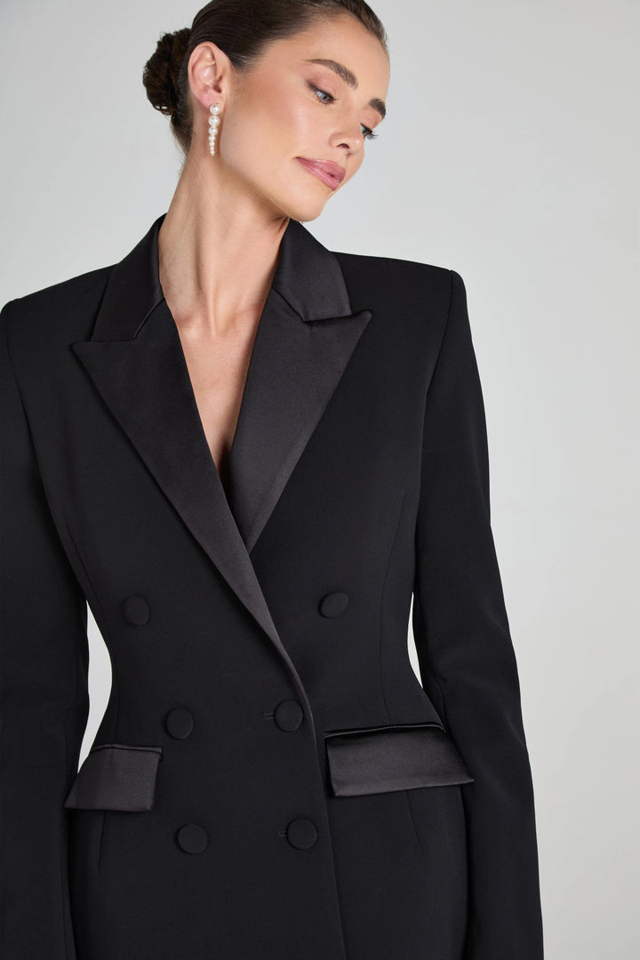 solovedress Black Double Breasted Satin Lapel Women Blazer