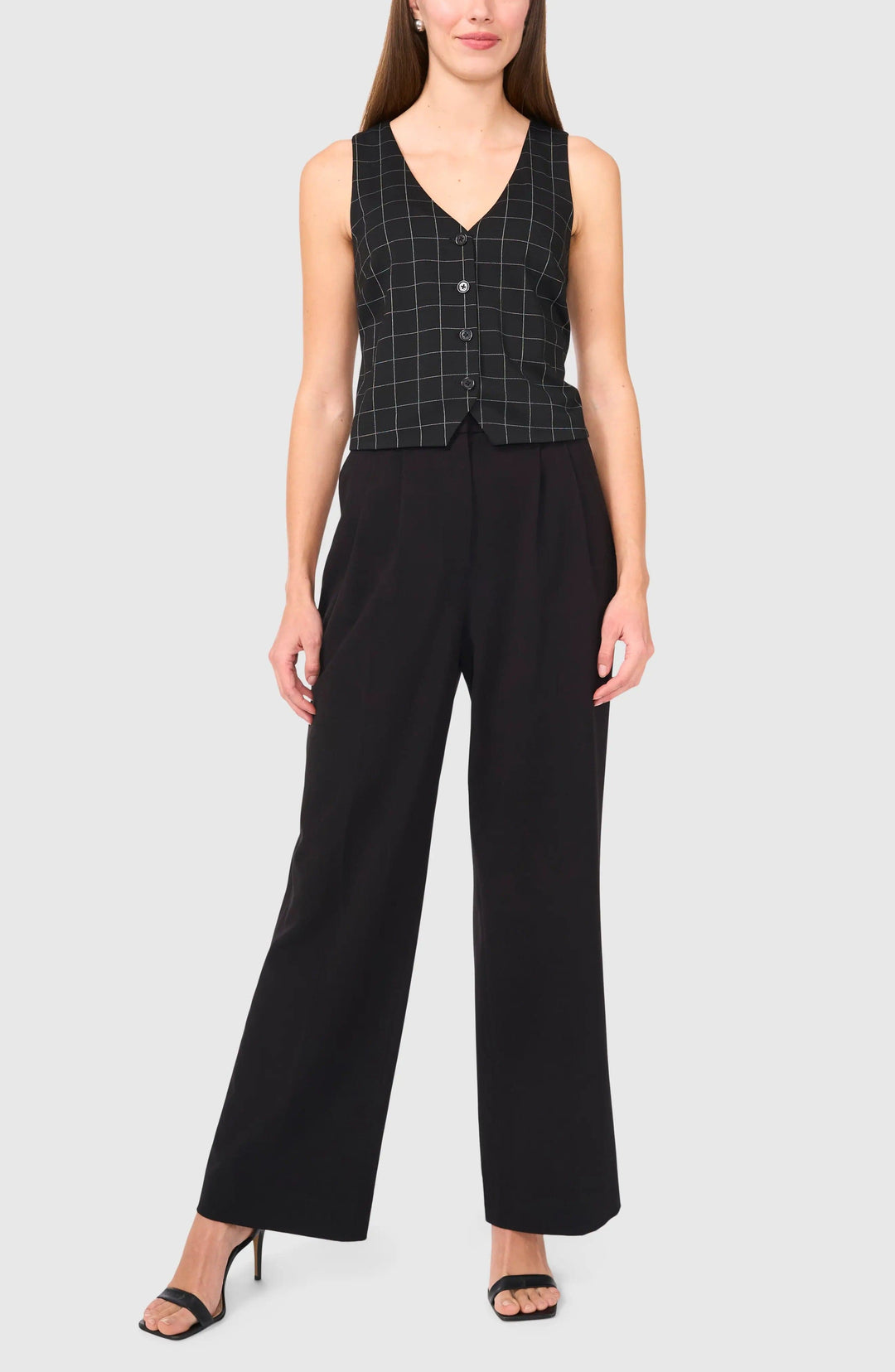 solovedress Black Plaid V Neck Casual Women Vest