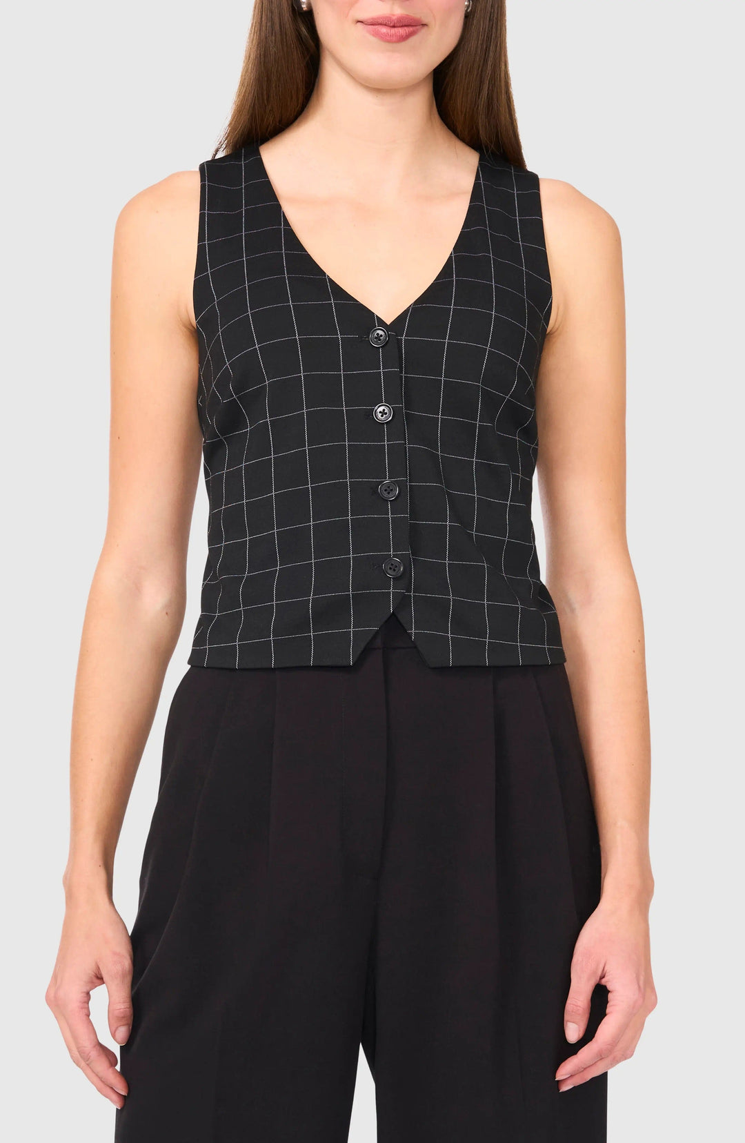 solovedress Black Plaid V Neck Casual Women Vest