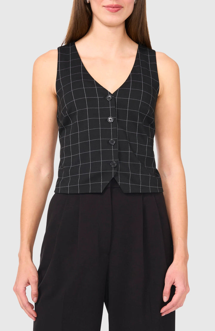 solovedress Black Plaid V Neck Casual Women Vest