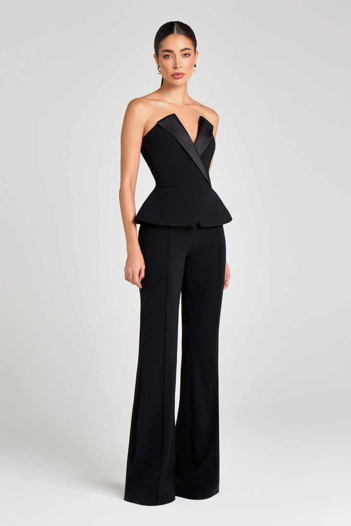 solovedress Black Two Piece Satin Lapel Strapless Women's Tuxedo