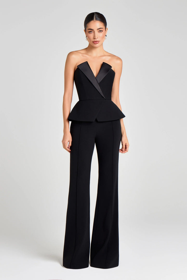 solovedress Black Two Piece Satin Lapel Strapless Women's Tuxedo