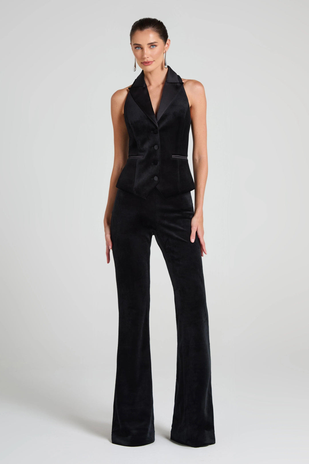 solovedress Black Velvet Single Breasted Satin Collar Women Waistcoat