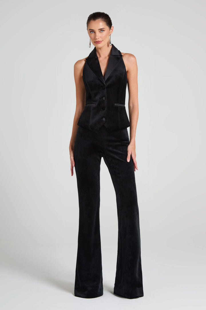 solovedress Black Velvet Single Breasted Satin Collar Women Waistcoat