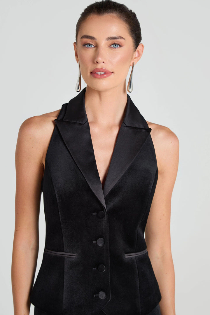 solovedress Black Velvet Single Breasted Satin Collar Women Waistcoat