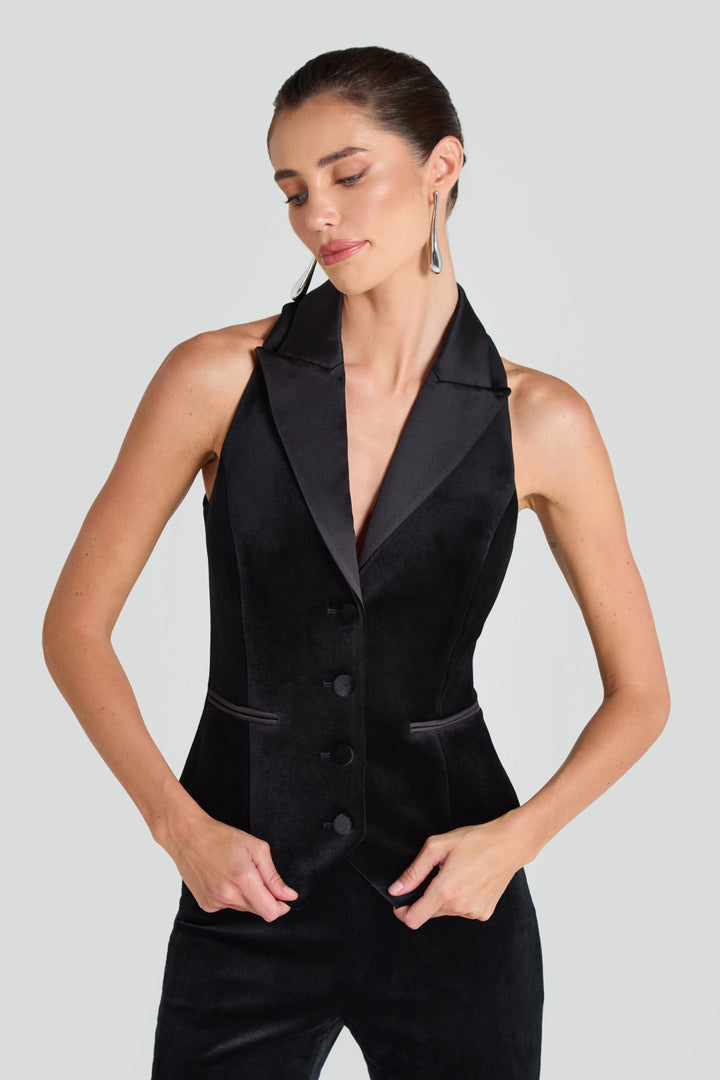 solovedress Black Velvet Single Breasted Satin Collar Women Waistcoat