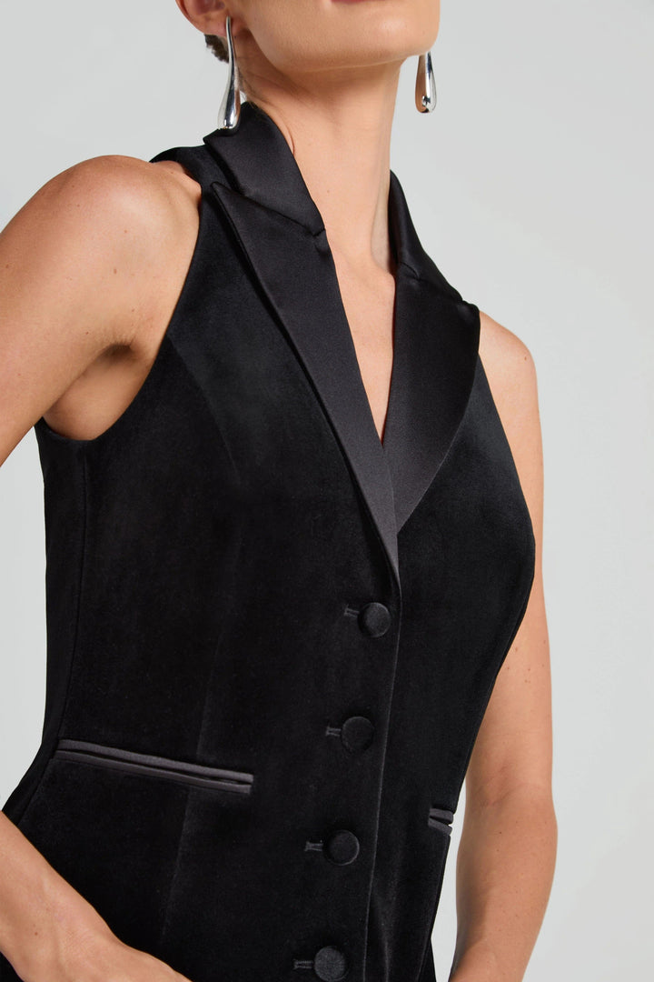 solovedress Black Velvet Single Breasted Satin Collar Women Waistcoat