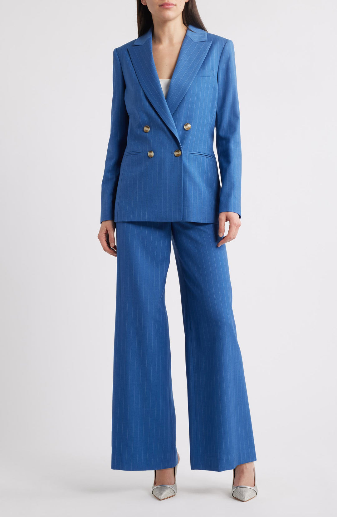 solovedress Blue 2 Piece Business Casual Double Breasted Peak Lapel Striped Women's Suit