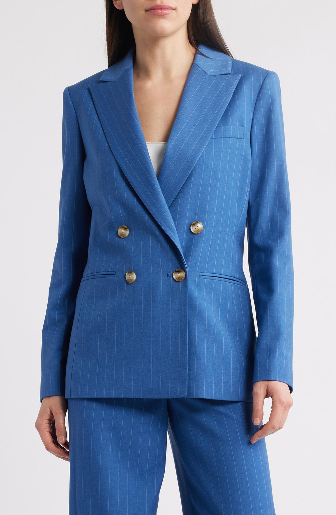 solovedress Blue 2 Piece Business Casual Double Breasted Peak Lapel Striped Women's Suit