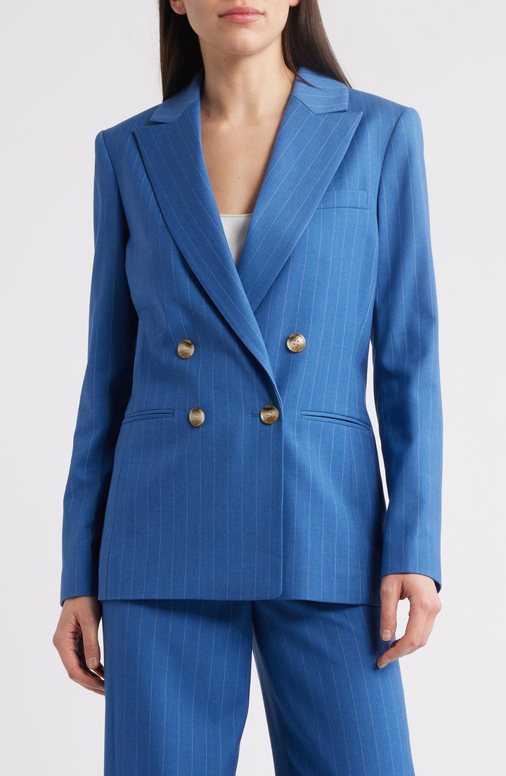 solovedress Blue 2 Piece Business Casual Double Breasted Peak Lapel Striped Women's Suit