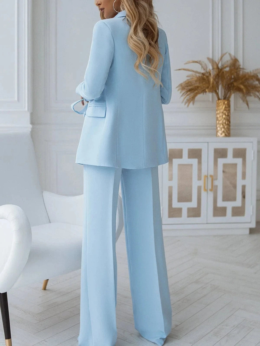 solovedress Blue 2 Piece Double Breasted Business Casual Slim Fit Women's Suit