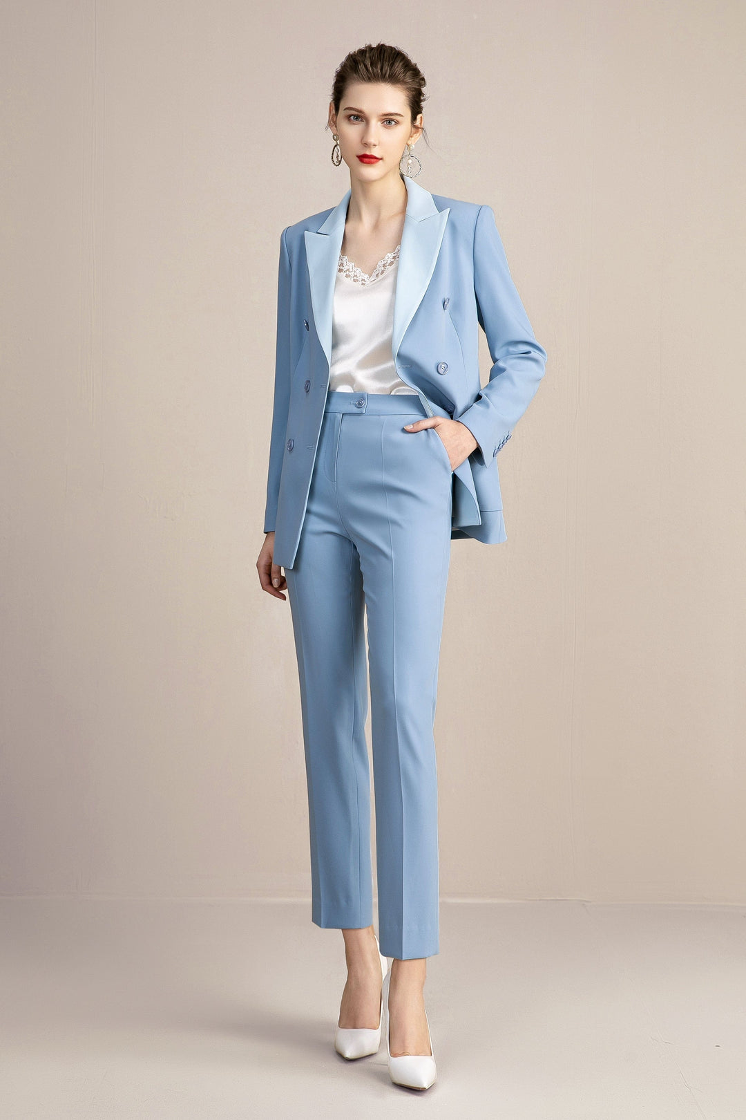 solovedress Blue Women's Suit 2 Piece Double Breasted Blazer and Pants