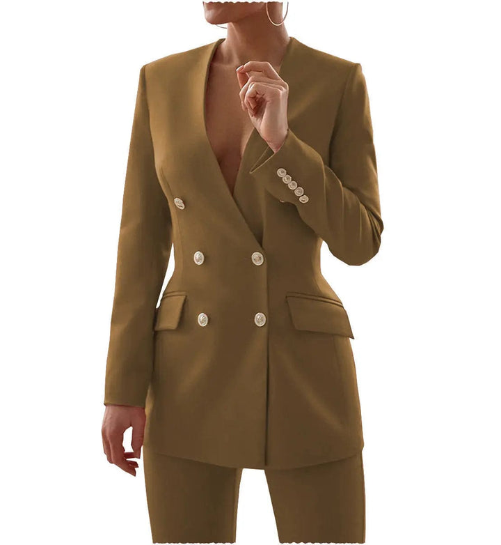 solovedress Double Breasted 6 Buttons V Neck Blazer 2 Pieces Women Suit