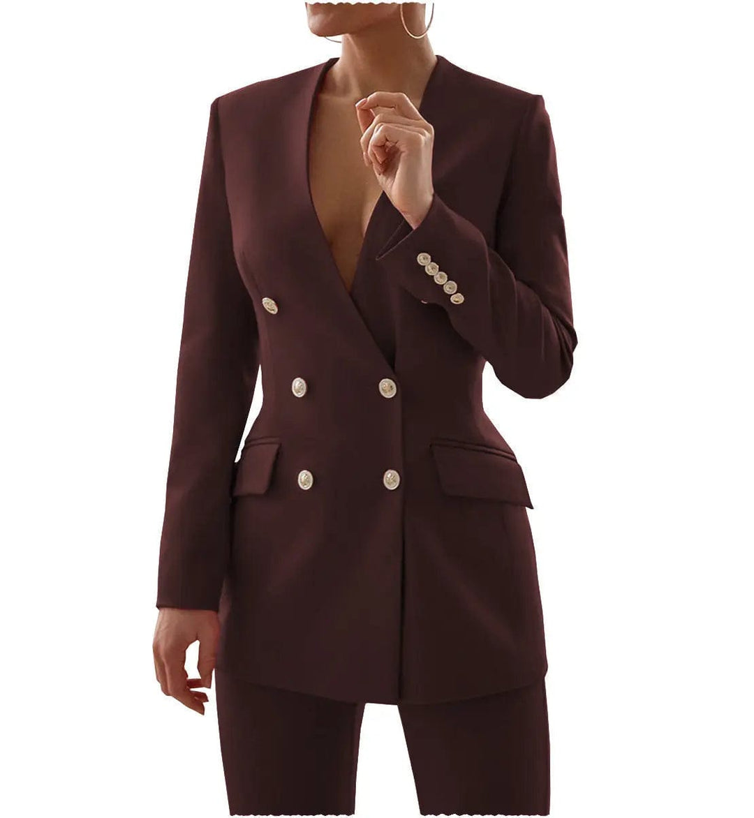 solovedress Double Breasted 6 Buttons V Neck Blazer 2 Pieces Women Suit