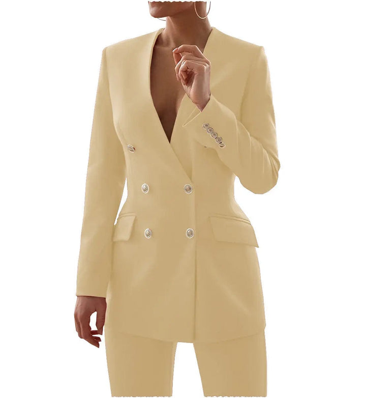 solovedress Double Breasted 6 Buttons V Neck Blazer 2 Pieces Women Suit