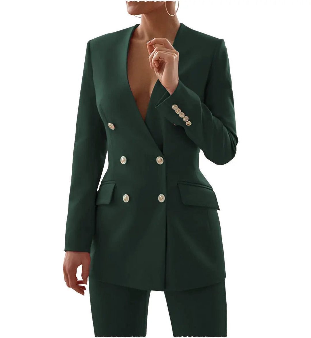 solovedress Double Breasted 6 Buttons V Neck Blazer 2 Pieces Women Suit