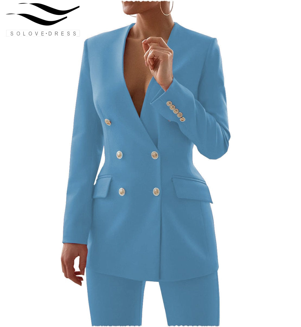 solovedress Double Breasted 6 Buttons V Neck Blazer 2 Pieces Women Suit